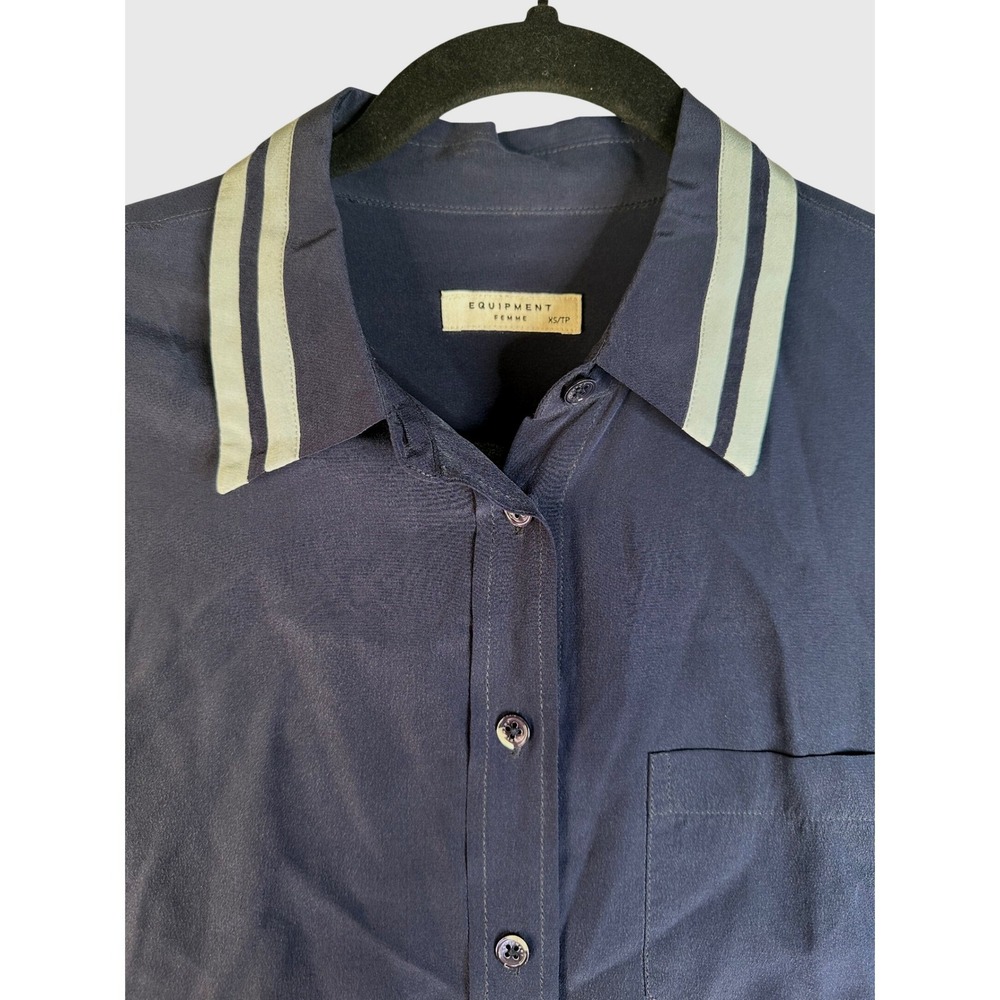 Equipment Femme Women's Navy Blue 100% Silk Striped Trim Button Down Shirt XS - Picture 4 of 8
